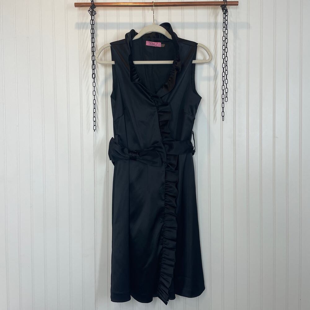 Eliza J Ruffled Black Satin Belted Midi Wrap Dress Size 10